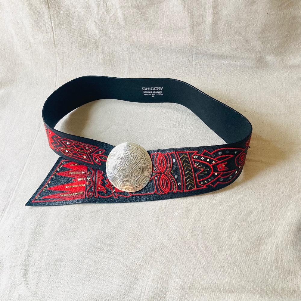 Vintage Chicos Tiki Black Leather Red Embroidery Faces Wide Belt Medium 47”